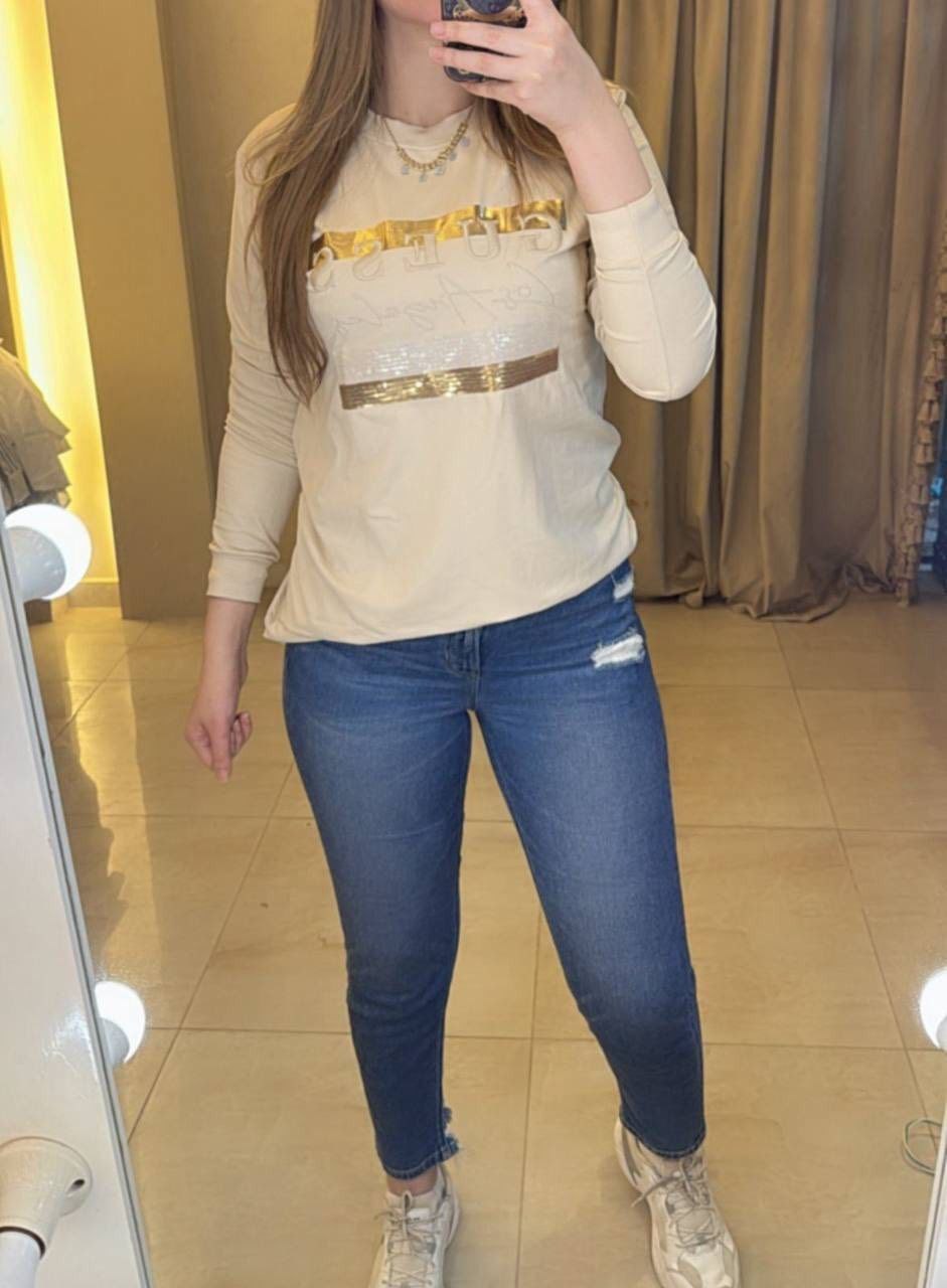 Guess White T-Shirt with Gold Stripe