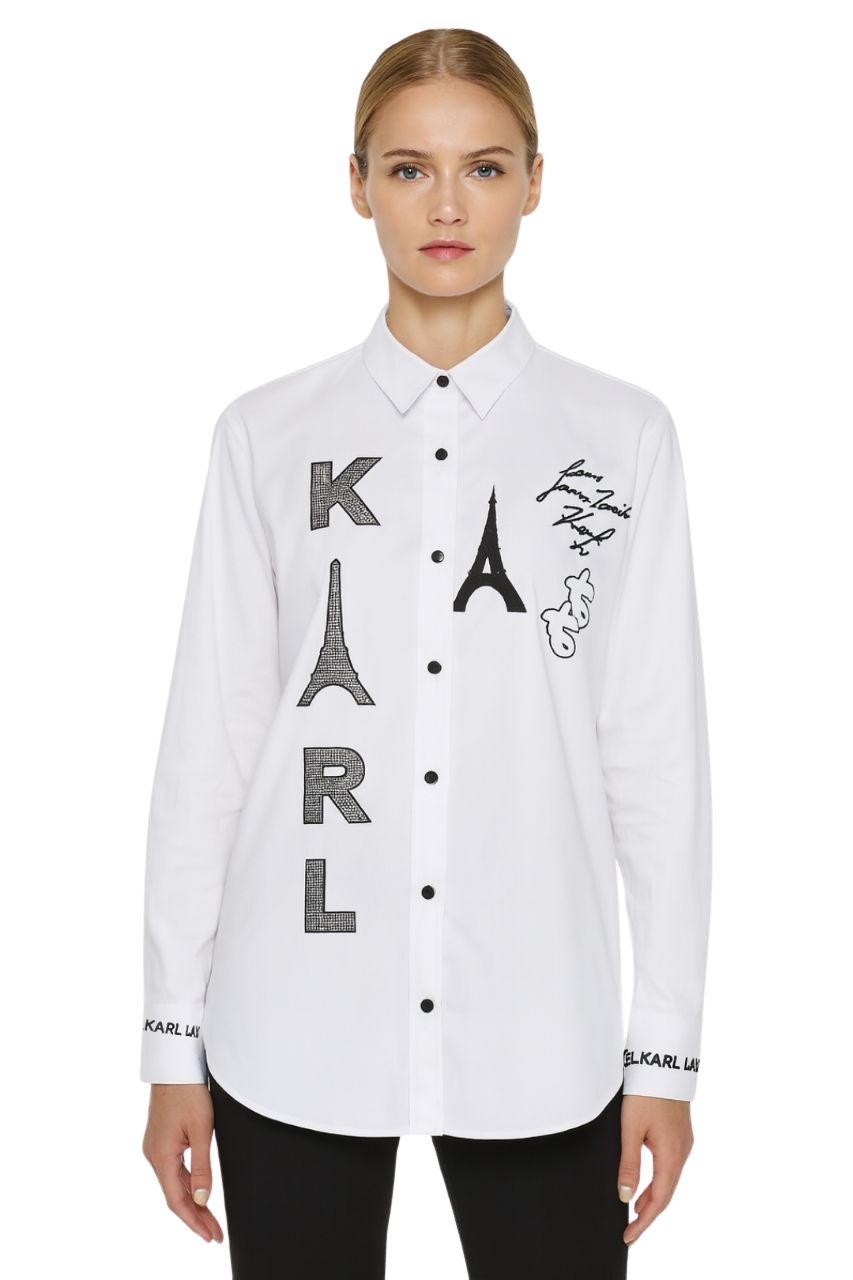 Karl Lagerfeld White Long Sleeve Paris Logo Shirt
