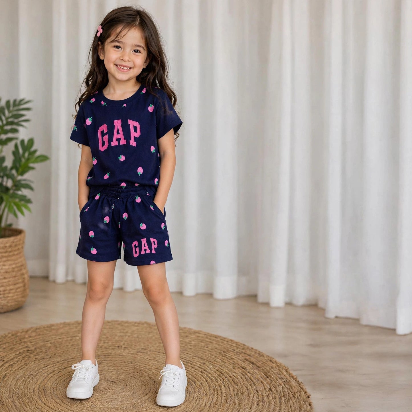 GAP Girls Strawberry 2-Piece Set - Navy Flutter Sleeve Tee & Shorts
#00295