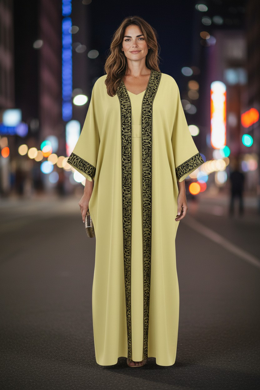 Lemon Satin Kaftan with Black & Gold Embroidery-#00228