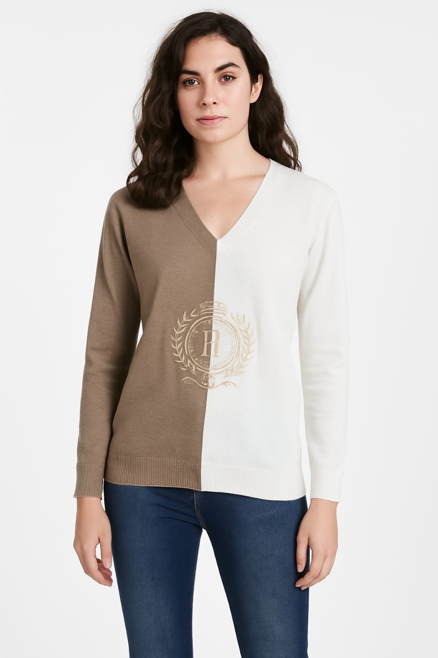 Tommy Hilfiger Half-and-Half Crest V-Neck Sweater/ #0084