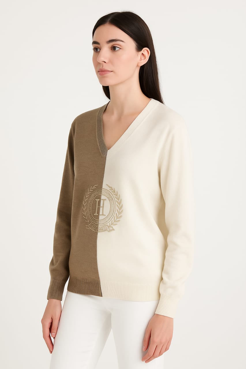 Tommy Hilfiger Half-and-Half Crest V-Neck Sweater/ #0084