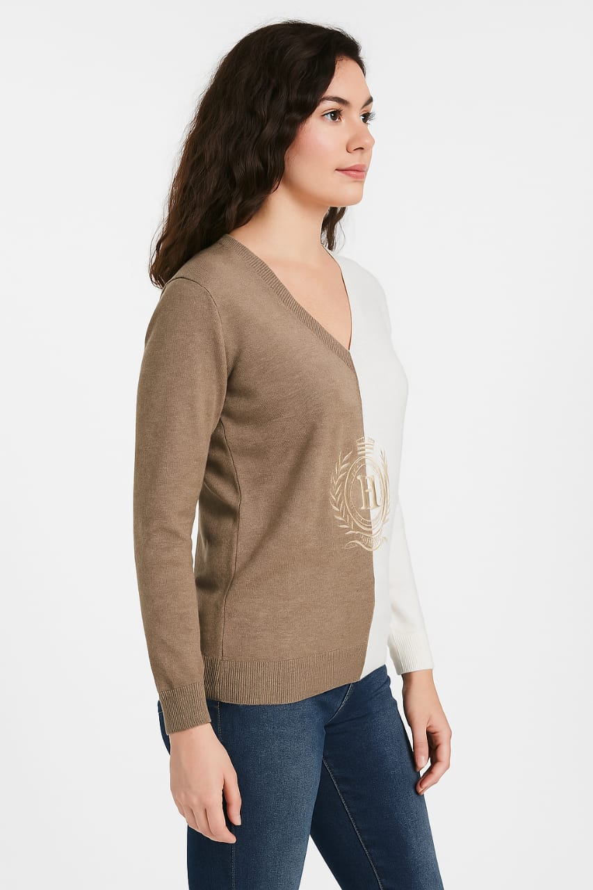 Tommy Hilfiger Half-and-Half Crest V-Neck Sweater/ #0084