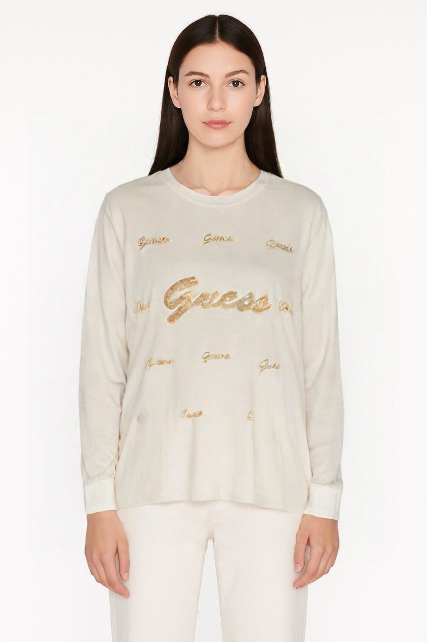 Guess Women’s Cream Long Sleeve Top with Gold Logo Print