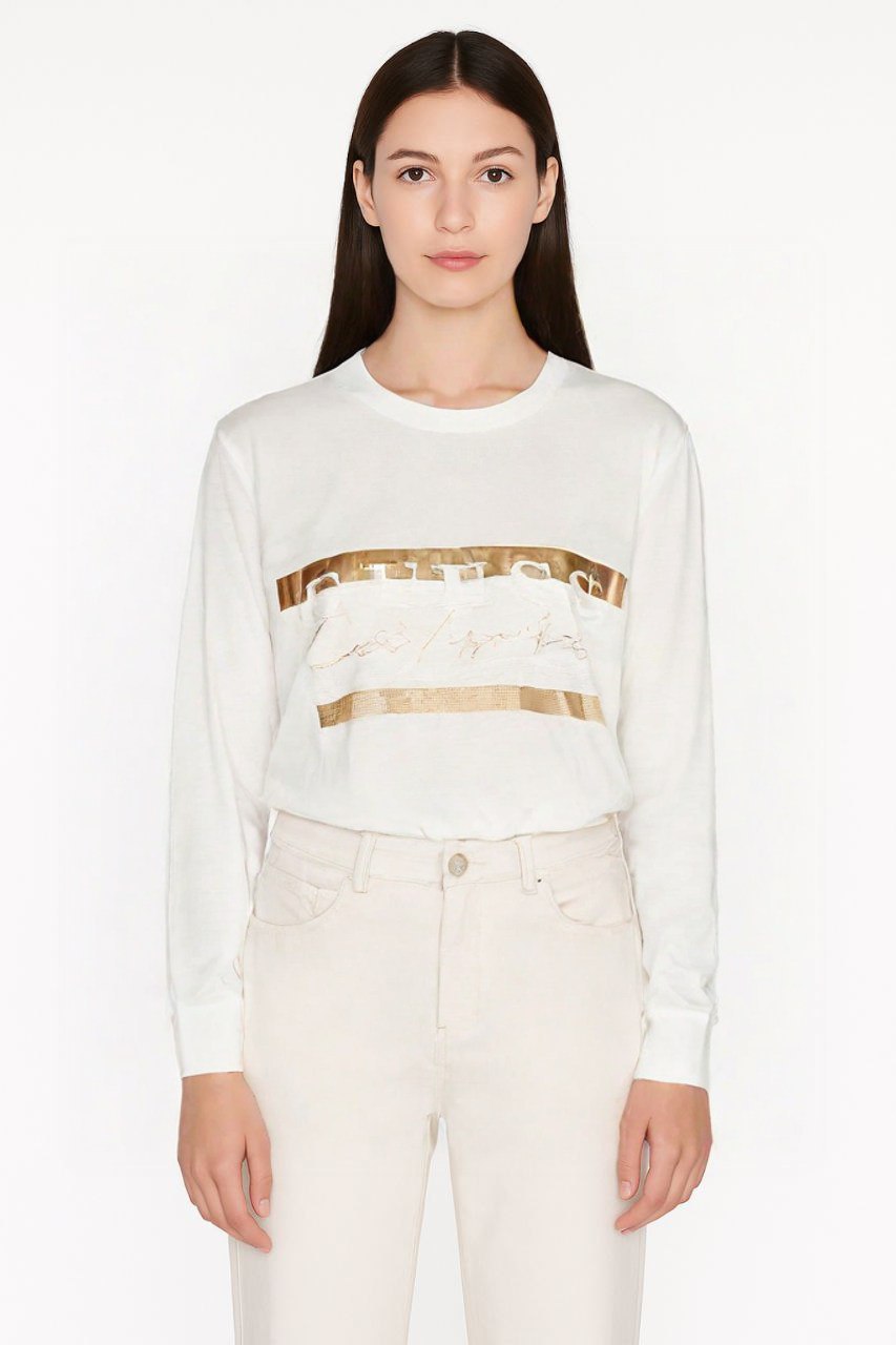 Guess White T-Shirt with Gold Stripe
