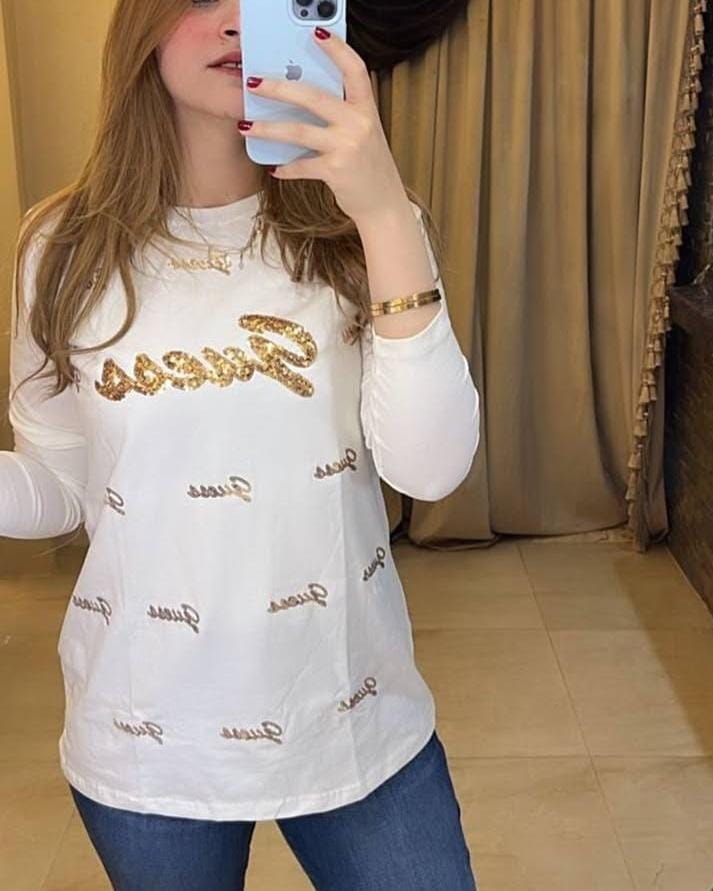 Guess Women’s Cream Long Sleeve Top with Gold Logo Print