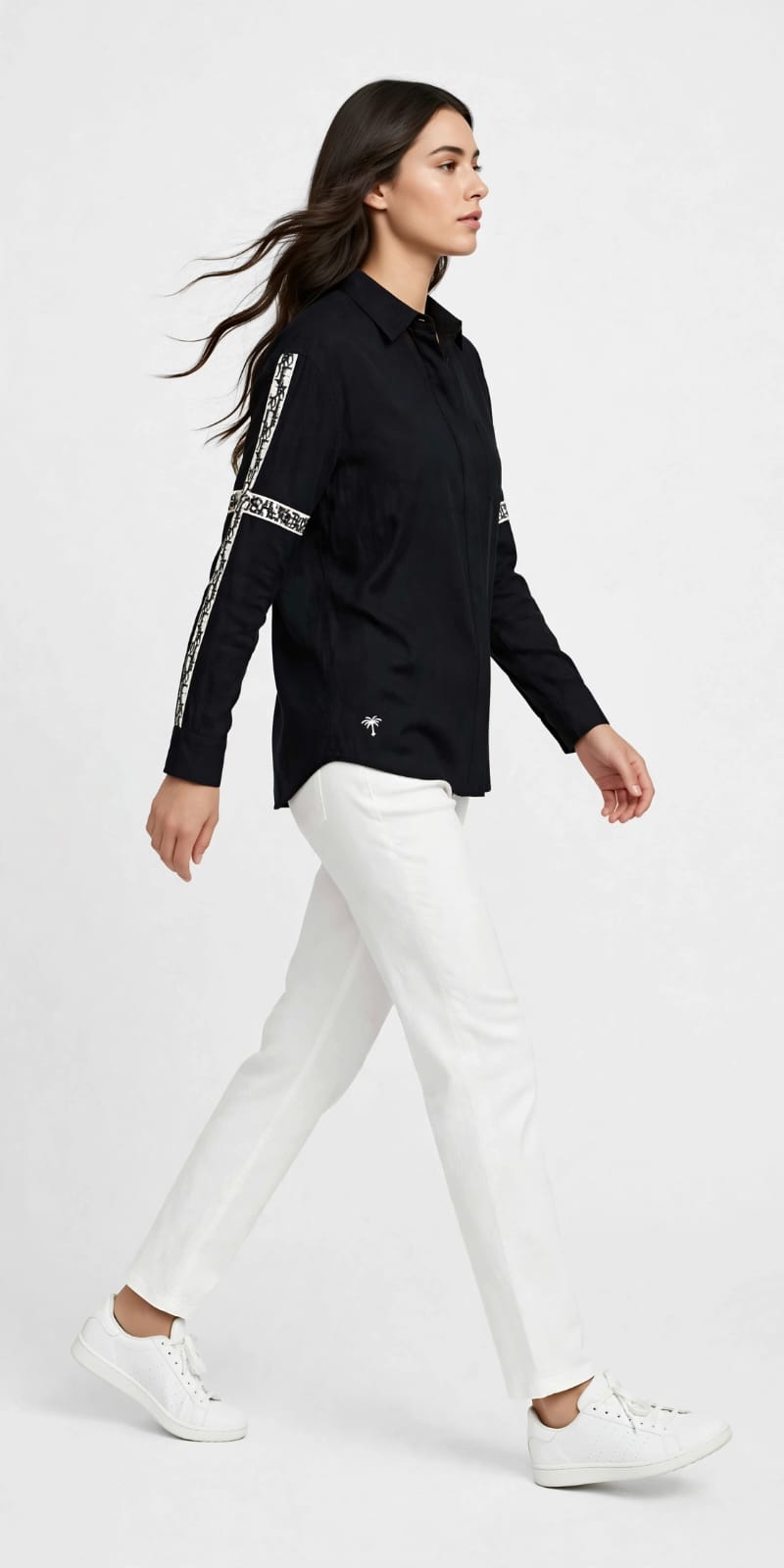 Women's Graphic Tape Button Down Chemise - Black with White Logo Sleeve Detail #00331