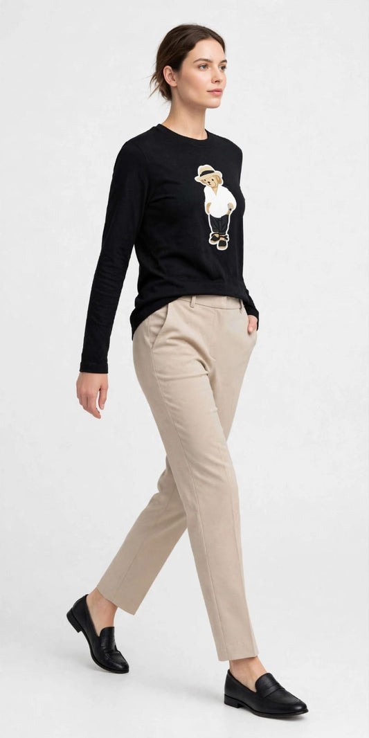Chic Bear Embroidered Long Sleeve Tee – Cotton Top #00341