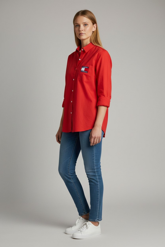 Classic Red Button-Up chemise – Tommy Jeans Logo Cotton Top#00343