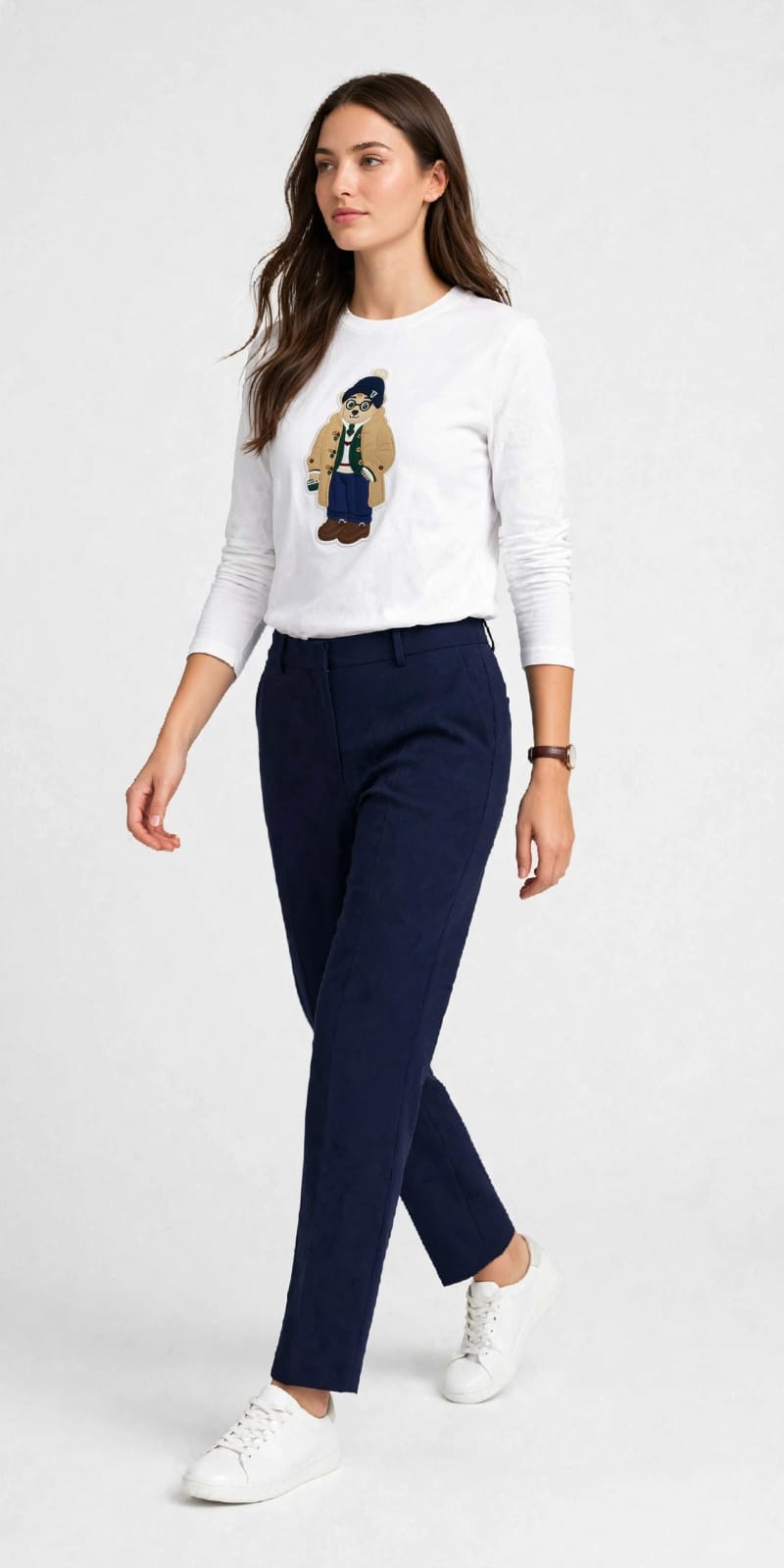 Chic Bear Embroidered Long Sleeve Tee – Cotton Top #00241