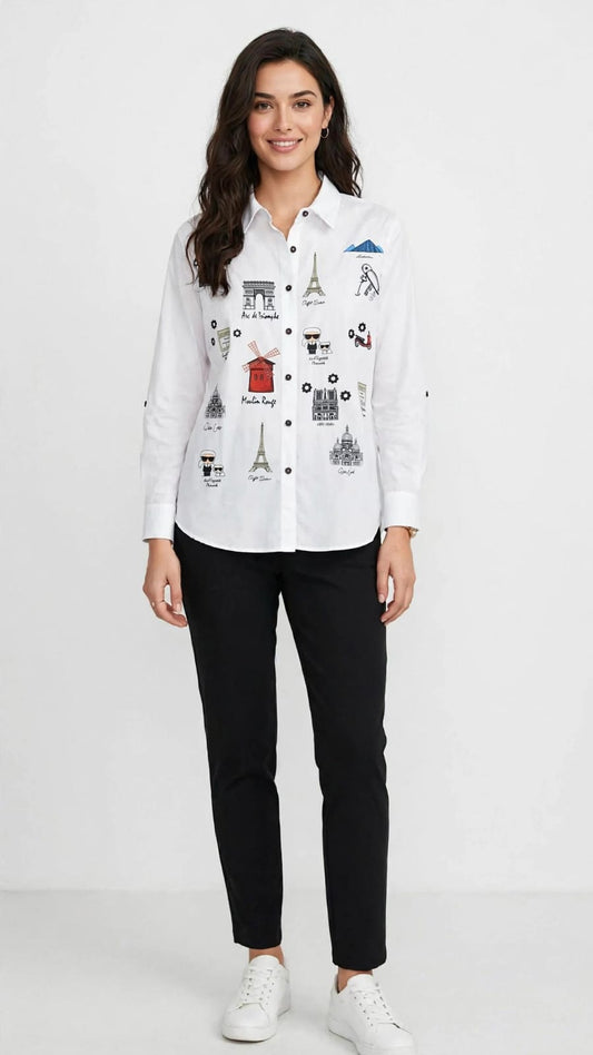 Paris Landmark Print Button Down Chemise - Illustrated Graphic Blouse #00337