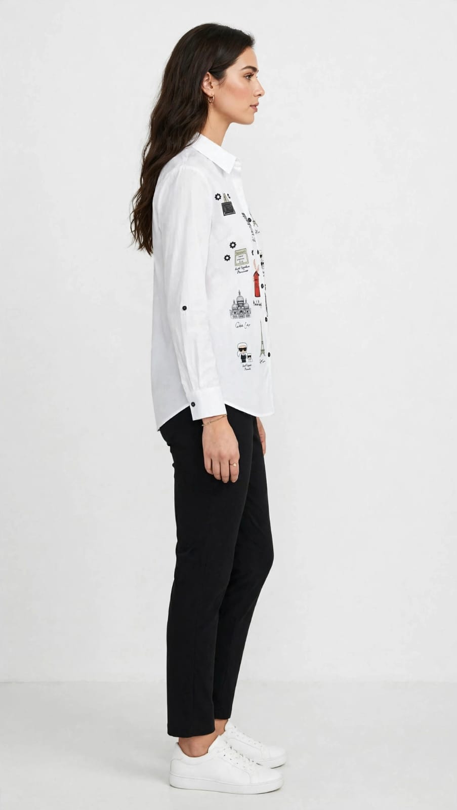 Paris Landmark Print Button Down Chemise - Illustrated Graphic Blouse #00337