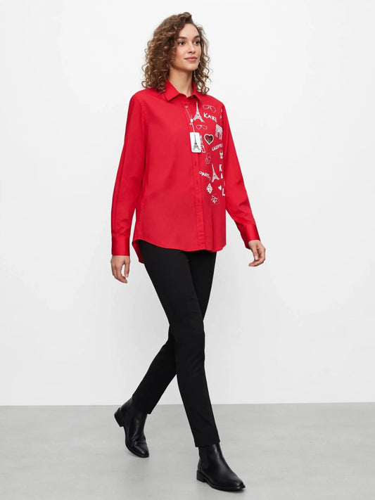 Red Paris Icons Button Down Chemise - KARL Graphic Print Blouse #00339