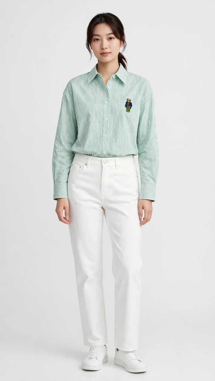 Ralph Lauren Cotton Striped Bear Logo Shirt | Long Sleeve Office Casual #00367