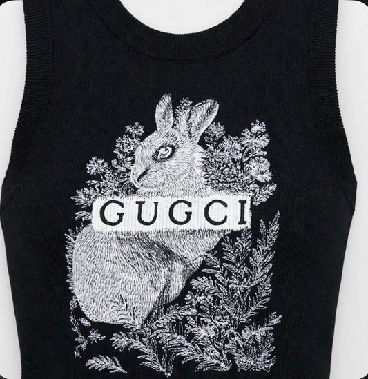 Ribbed Knit Sleeveless Tank Top - Embroidered Rabbit & GUGCI Graphic | Black #00323