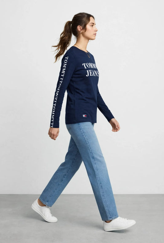 Women's Tommy Jeans Vertical Logo Long Sleeve Tee - Navy Blue #00332