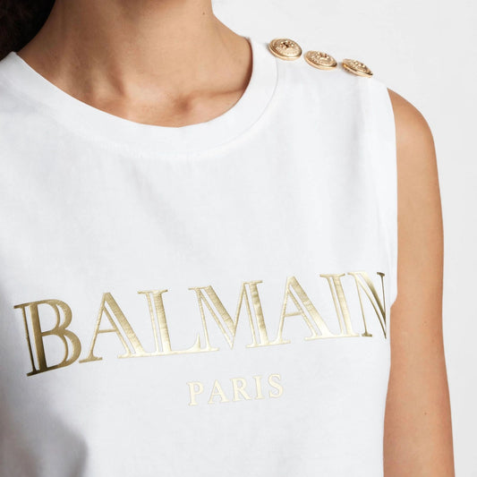Balmain Paris Gold Logo Sleeveless Tank Top - White #00317