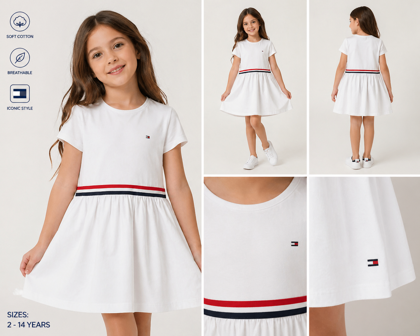 Tommy Hilfiger Girls White Stripe Waist Dress-#00273
