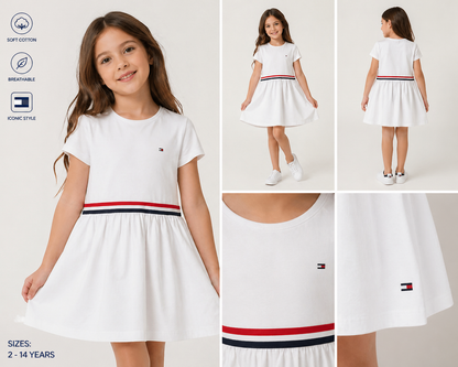 Tommy Hilfiger Girls White Stripe Waist Dress-#00273