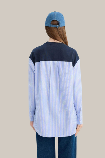 Tommy Oversized Navy Sweatshirt with Striped Shirt Sleeves/ #0001