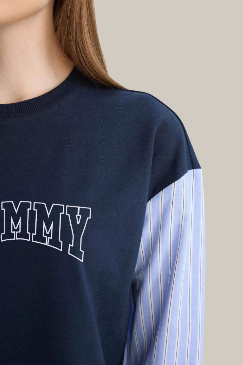 Tommy Oversized Navy Sweatshirt with Striped Shirt Sleeves/ #0001