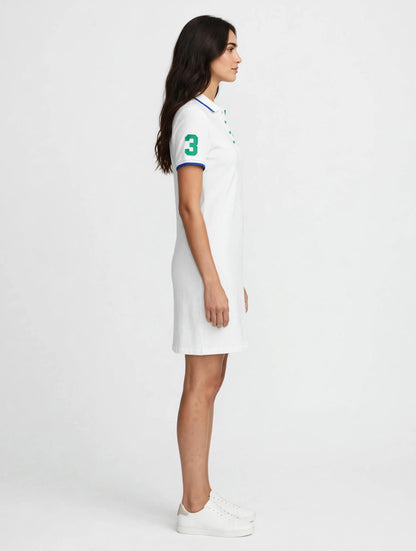 Women's Polo Dress - White Cotton Pique with Blue & Green Details | Sporty Chic Mini Dress #00315