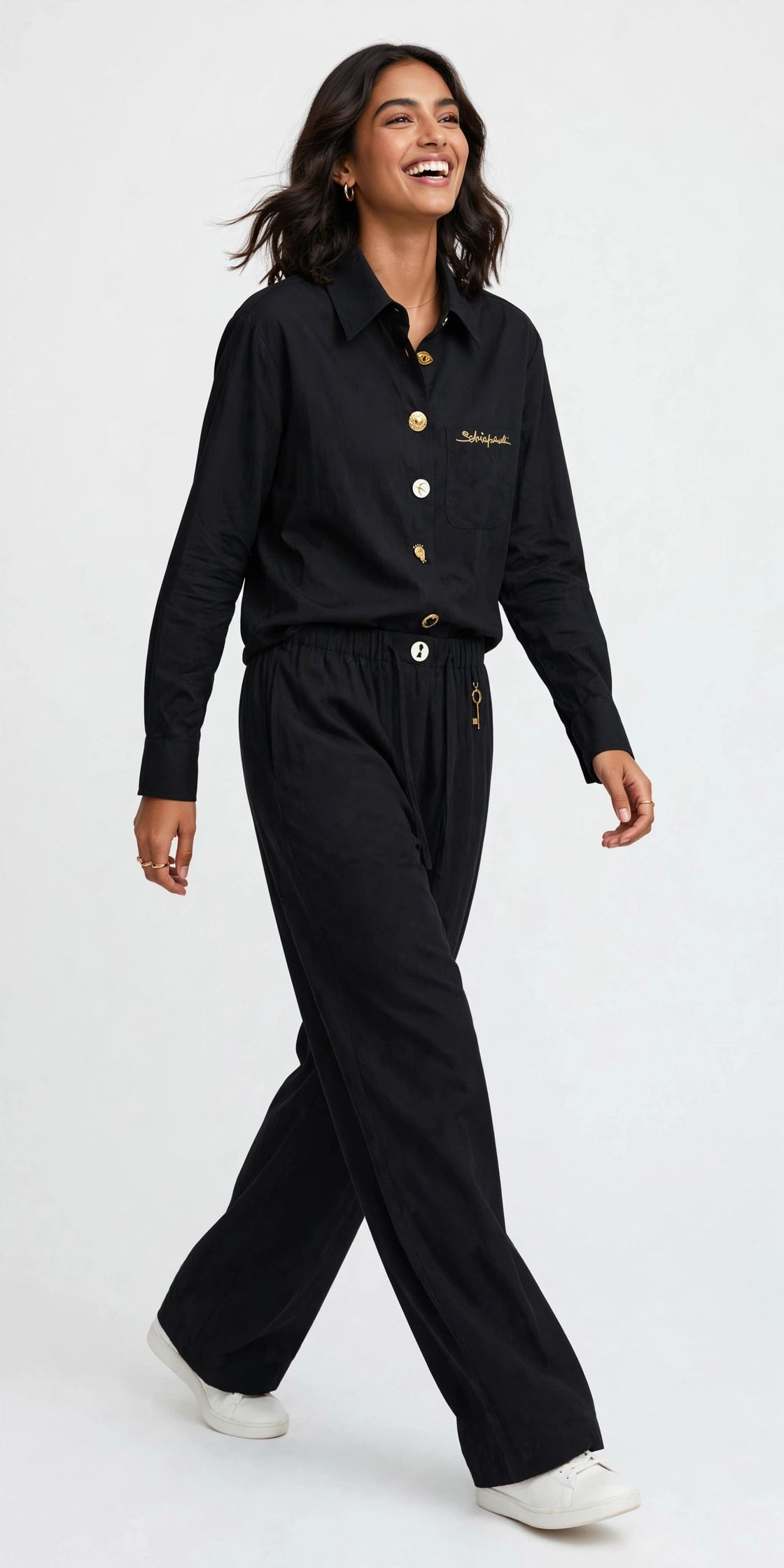 Schiaparelli-Inspired Charm Button Shirt & Wide Leg Pants Set - Black Co-ord #00314