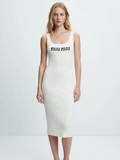 Miu Miu-Inspired Logo Waistband Knit Midi Dress - Beige & Black Bodycon
#00313