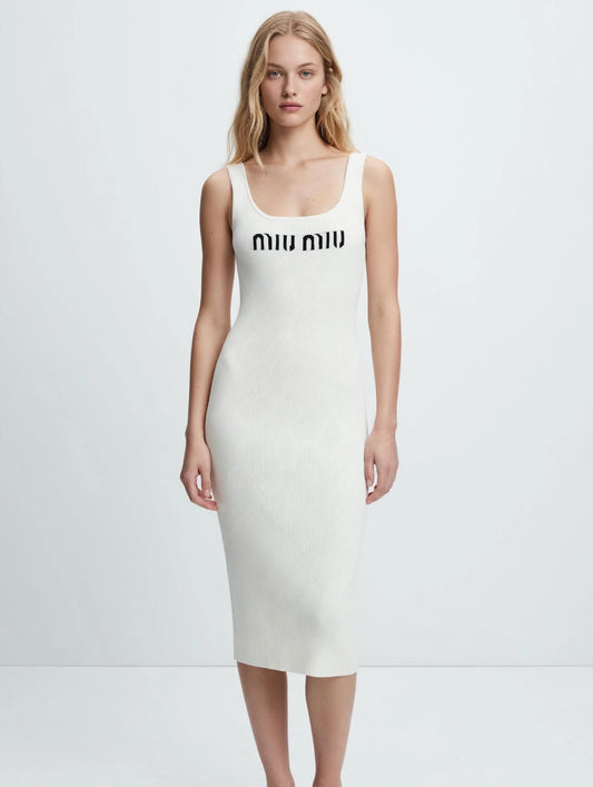 Miu Miu-Inspired Logo Waistband Knit Midi Dress - Beige & Black Bodycon
#00313