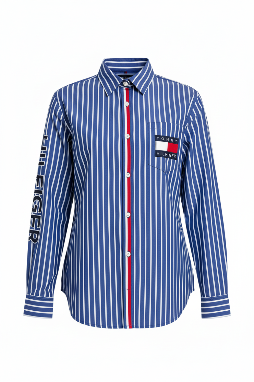 Tommy Hilfiger Blue Striped With Red Line Long Sleeve Shirt/ #0064