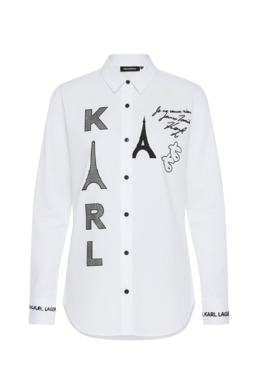 Karl Lagerfeld White Long Sleeve Paris Logo Shirt/ #0061