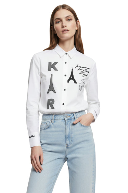 Karl Lagerfeld White Long Sleeve Paris Logo Shirt/ #0061