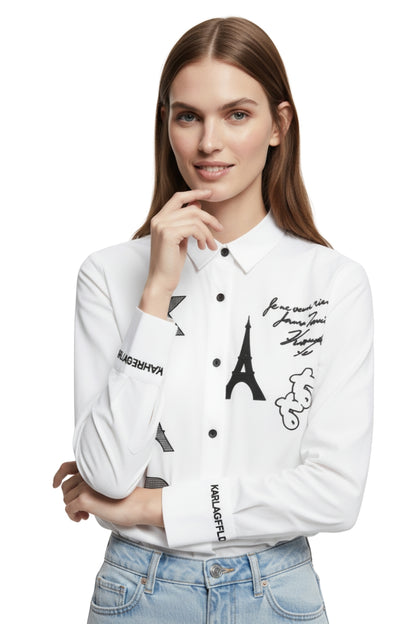 Karl Lagerfeld White Long Sleeve Paris Logo Shirt/ #0061