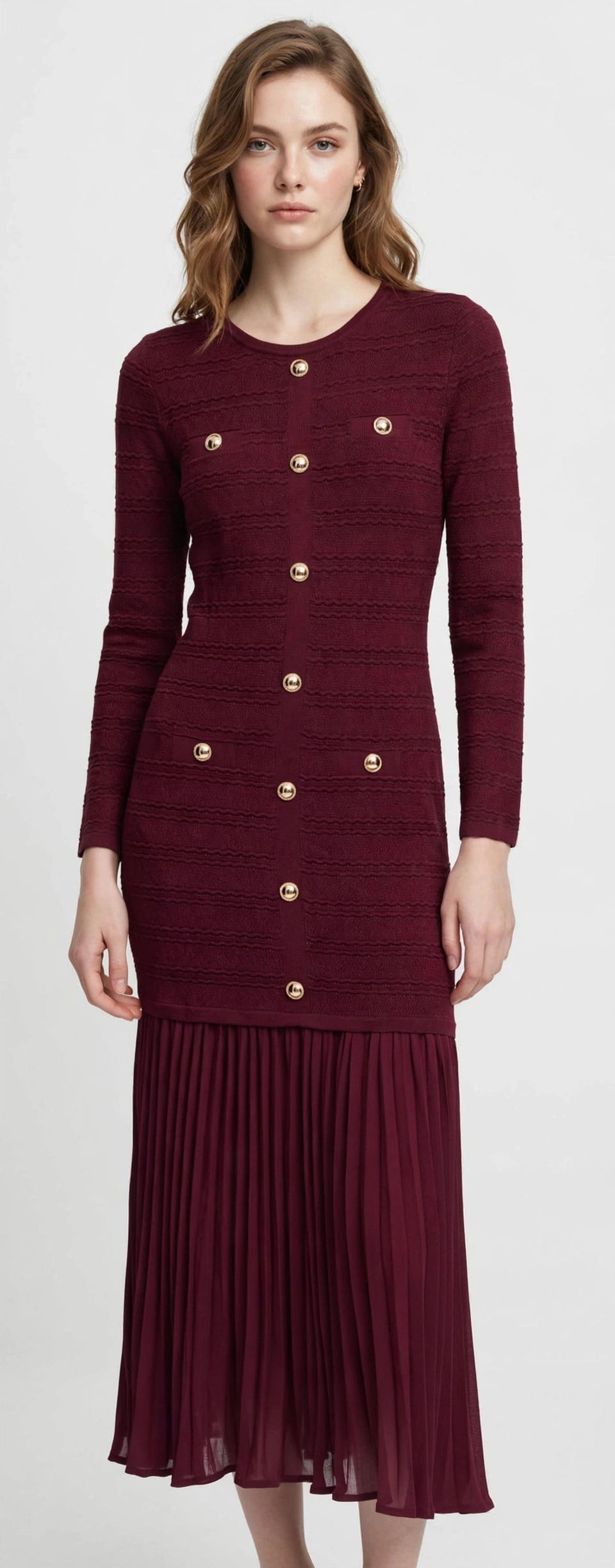 Elegant Burgundy Knit Midi Dress with Gold Buttons & Pleated Hem #00307
