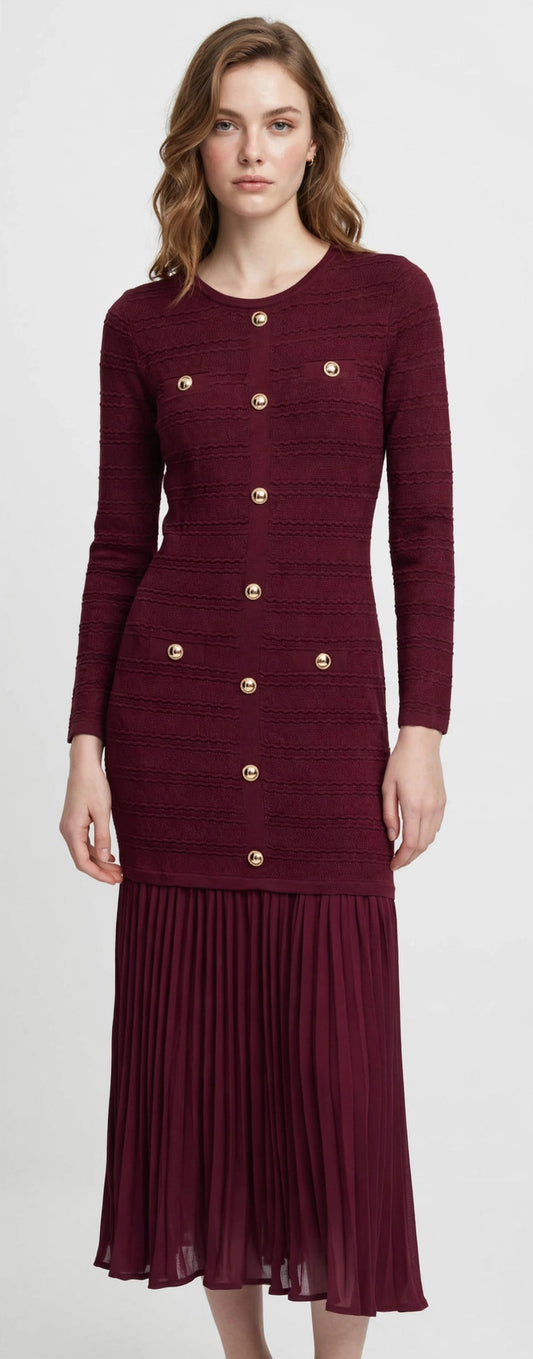 Elegant Burgundy Knit Midi Dress with Gold Buttons & Pleated Hem #00307