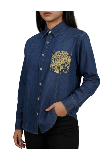 True Religion Women’s Denim Button-Down Shirt with Gold Buddha Embroidery  /#00195