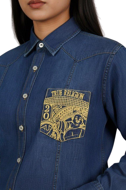 True Religion Women’s Denim Button-Down Shirt with Gold Buddha Embroidery  /#00195