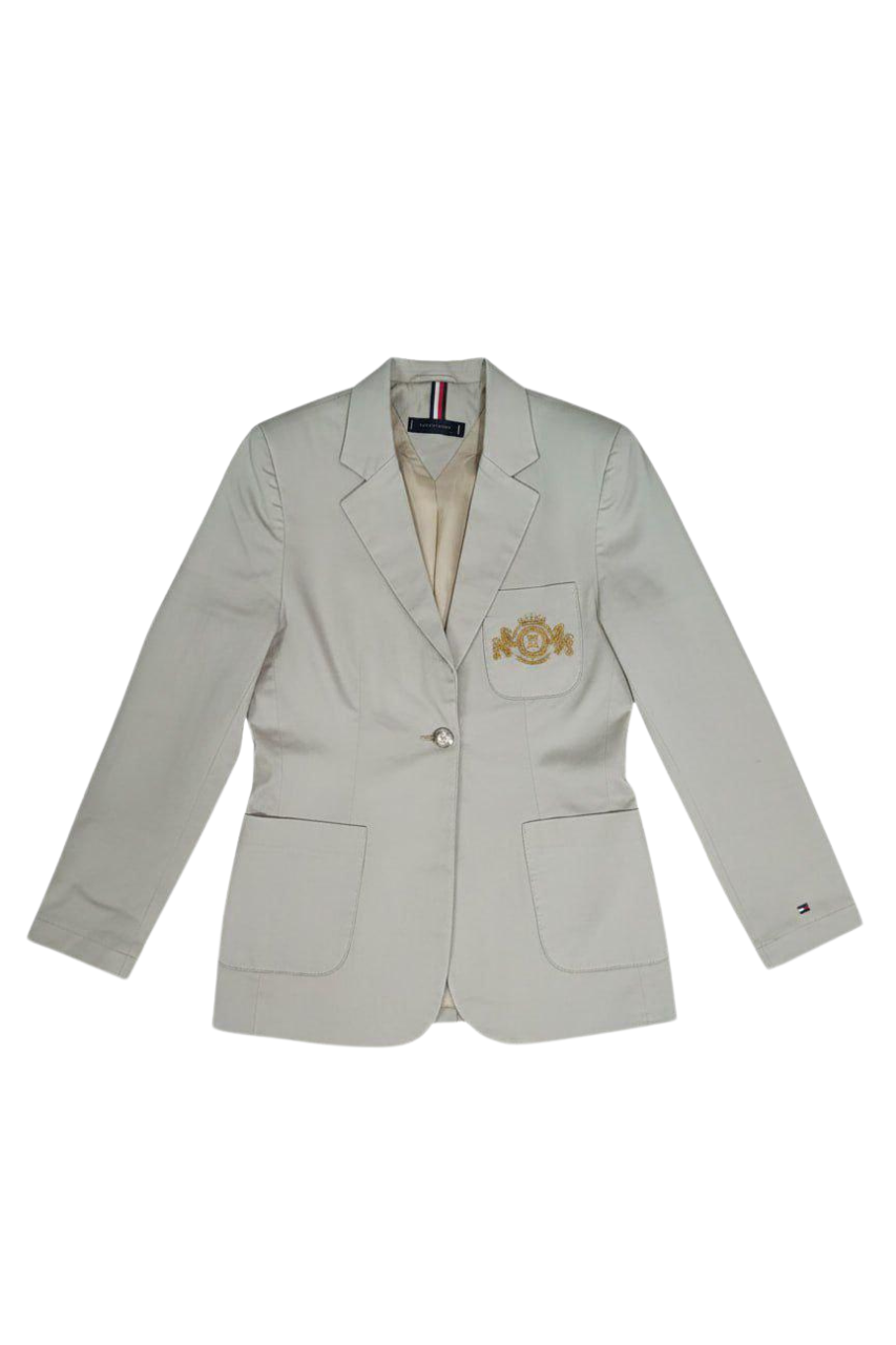 Tommy Hilfiger Women’s Beige Crest Blazer – Premium Tailored Embroidered Jacket /#00197