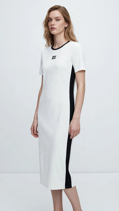 Miu Miu-Inspired Colorblock Tee Midi Dress - White & Black Sporty Knit #00311
