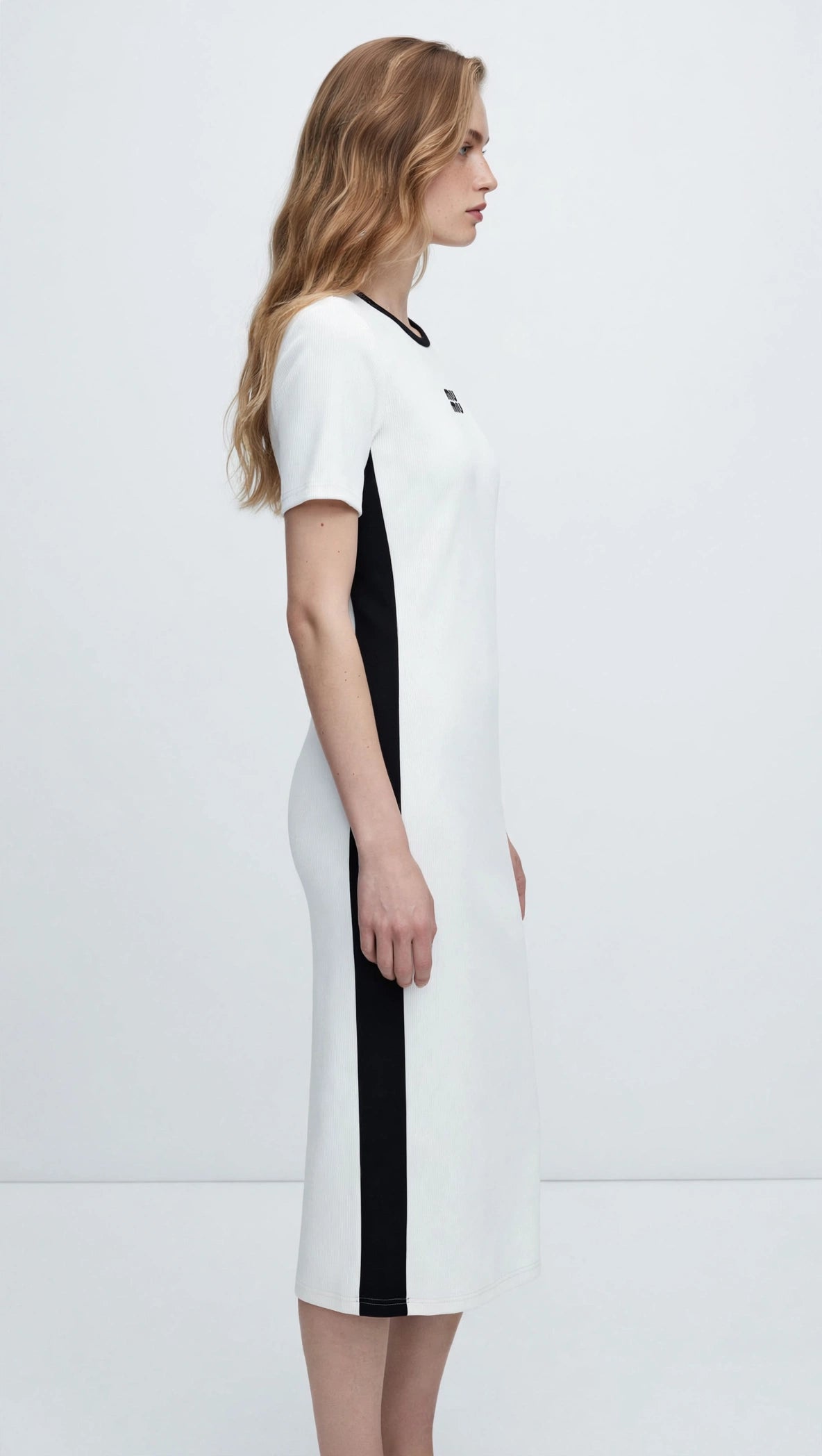 Miu Miu-Inspired Colorblock Tee Midi Dress - White & Black Sporty Knit #00311