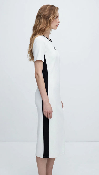 Miu Miu-Inspired Colorblock Tee Midi Dress - White & Black Sporty Knit #00311