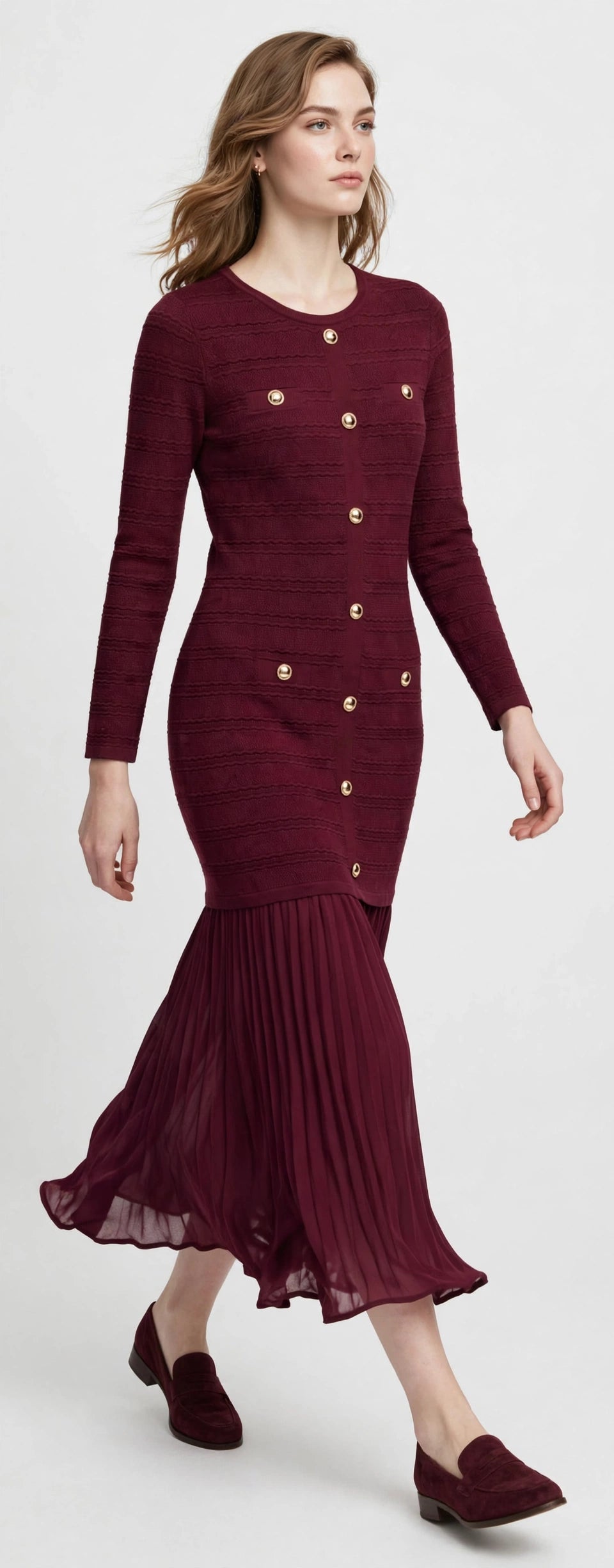 Elegant Burgundy Knit Midi Dress with Gold Buttons & Pleated Hem #00307