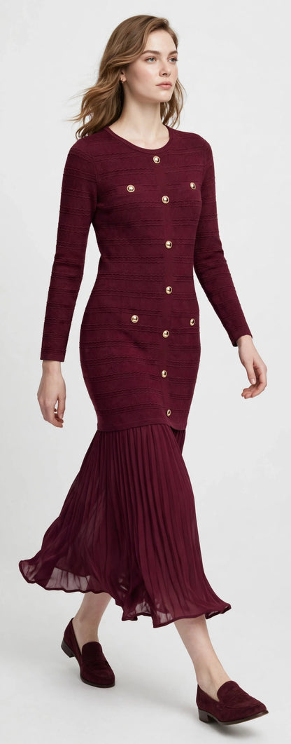 Elegant Burgundy Knit Midi Dress with Gold Buttons & Pleated Hem #00307