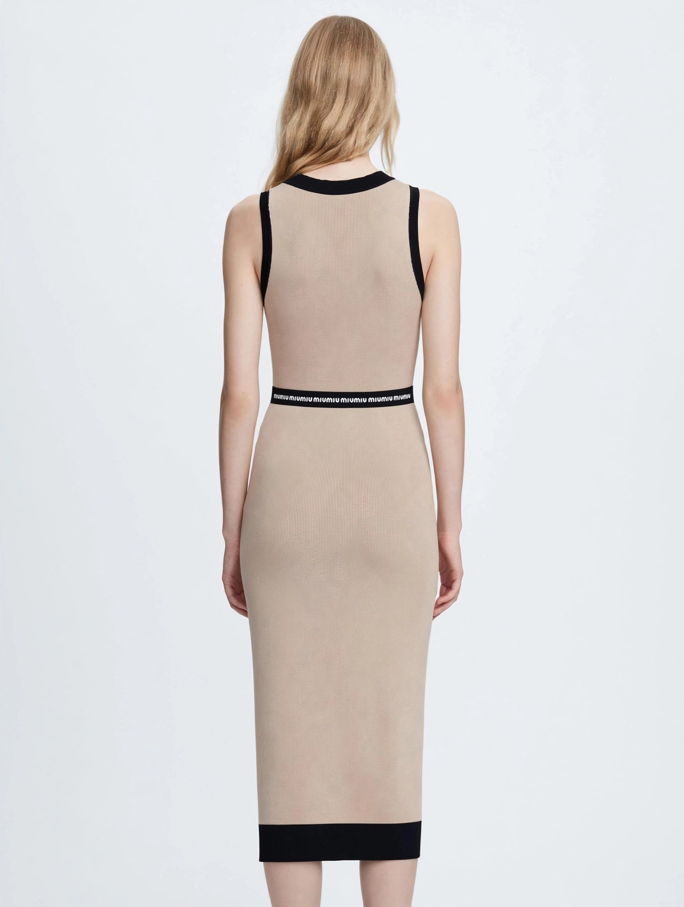 Miu Miu-Inspired Logo Waistband Knit Midi Dress - Beige & Black Bodycon
#00312