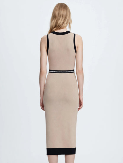 Miu Miu-Inspired Logo Waistband Knit Midi Dress - Beige & Black Bodycon
#00312