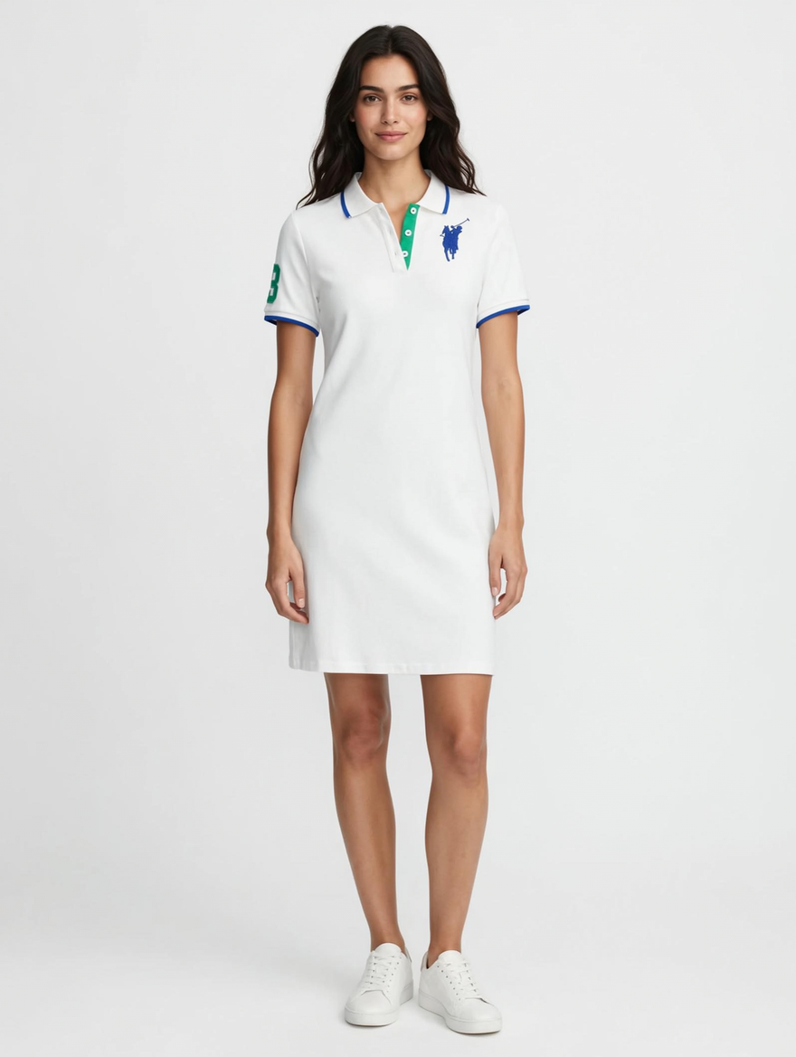 Women's Polo Dress - White Cotton Pique with Blue & Green Details | Sporty Chic Mini Dress #00315