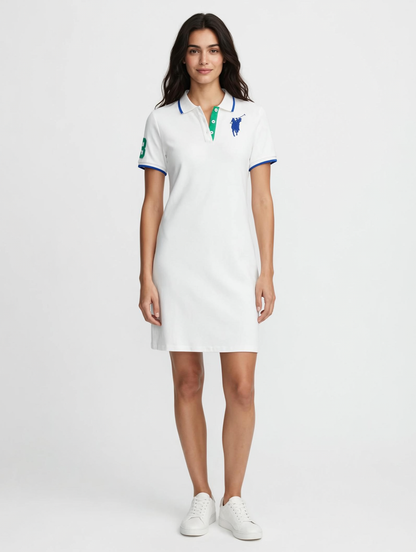 Women's Polo Dress - White Cotton Pique with Blue & Green Details | Sporty Chic Mini Dress #00315