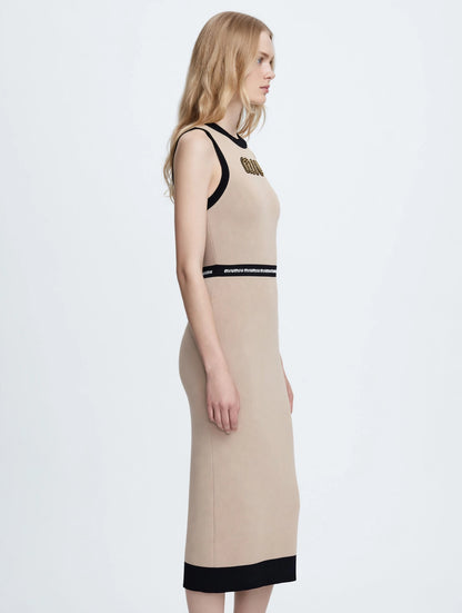 Miu Miu-Inspired Logo Waistband Knit Midi Dress - Beige & Black Bodycon
#00312