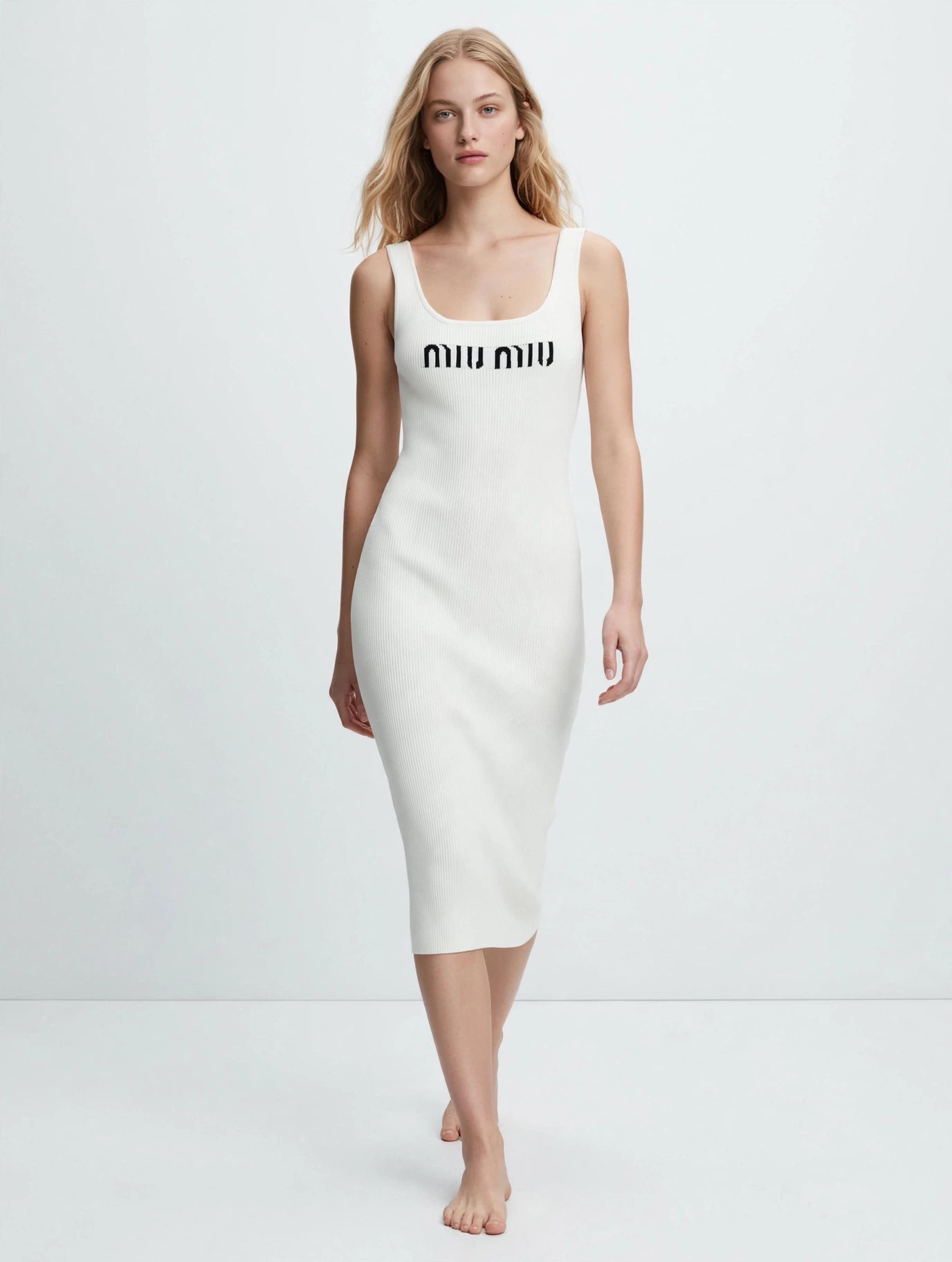 Miu Miu-Inspired Logo Waistband Knit Midi Dress - Beige & Black Bodycon
#00313