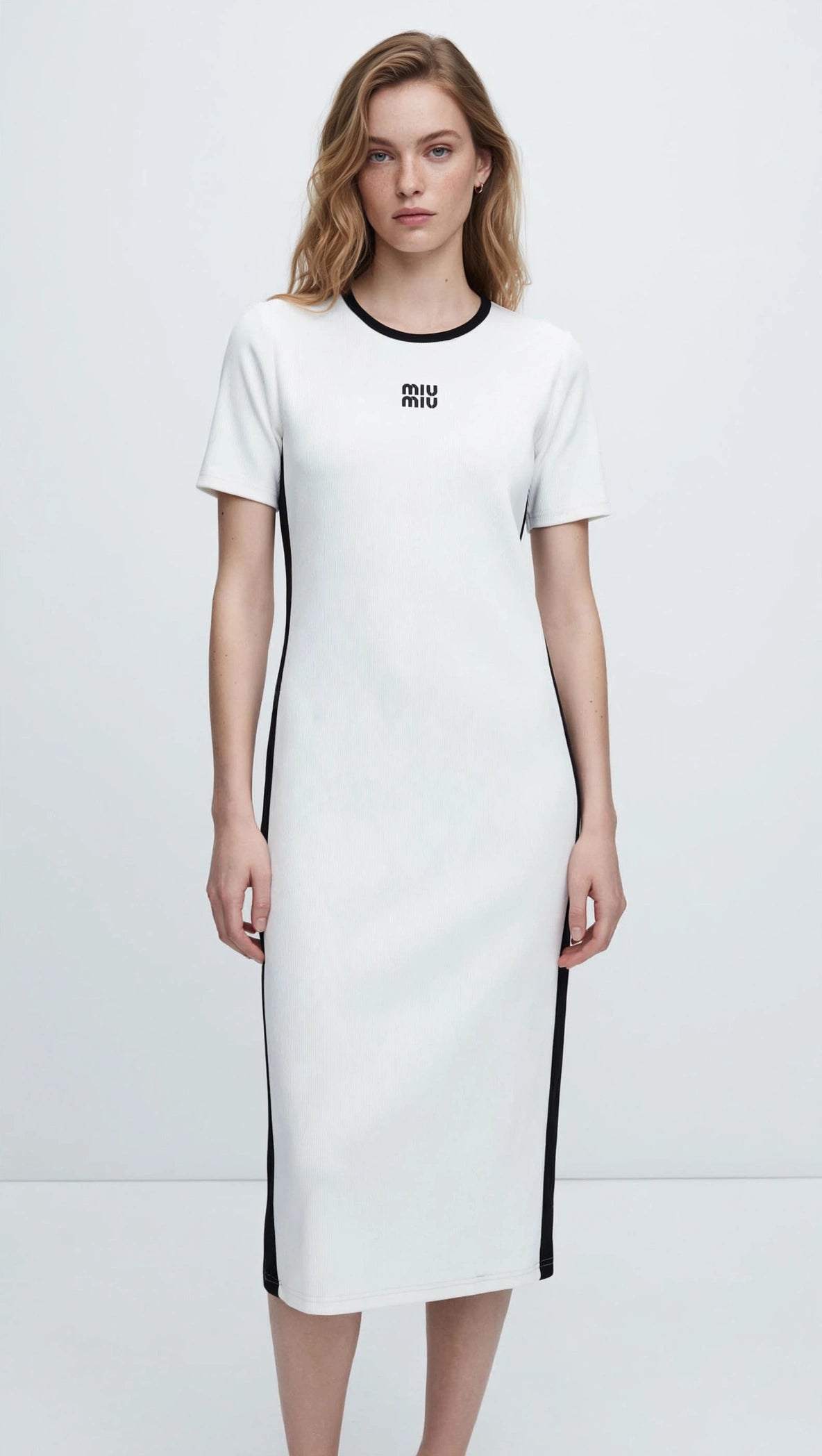 Miu Miu-Inspired Colorblock Tee Midi Dress - White & Black Sporty Knit #00311